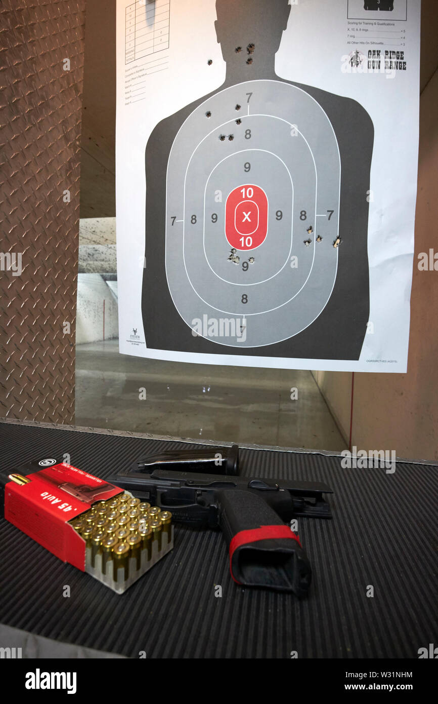 heckler and koch 45 handgun with bullets and target gun range USA