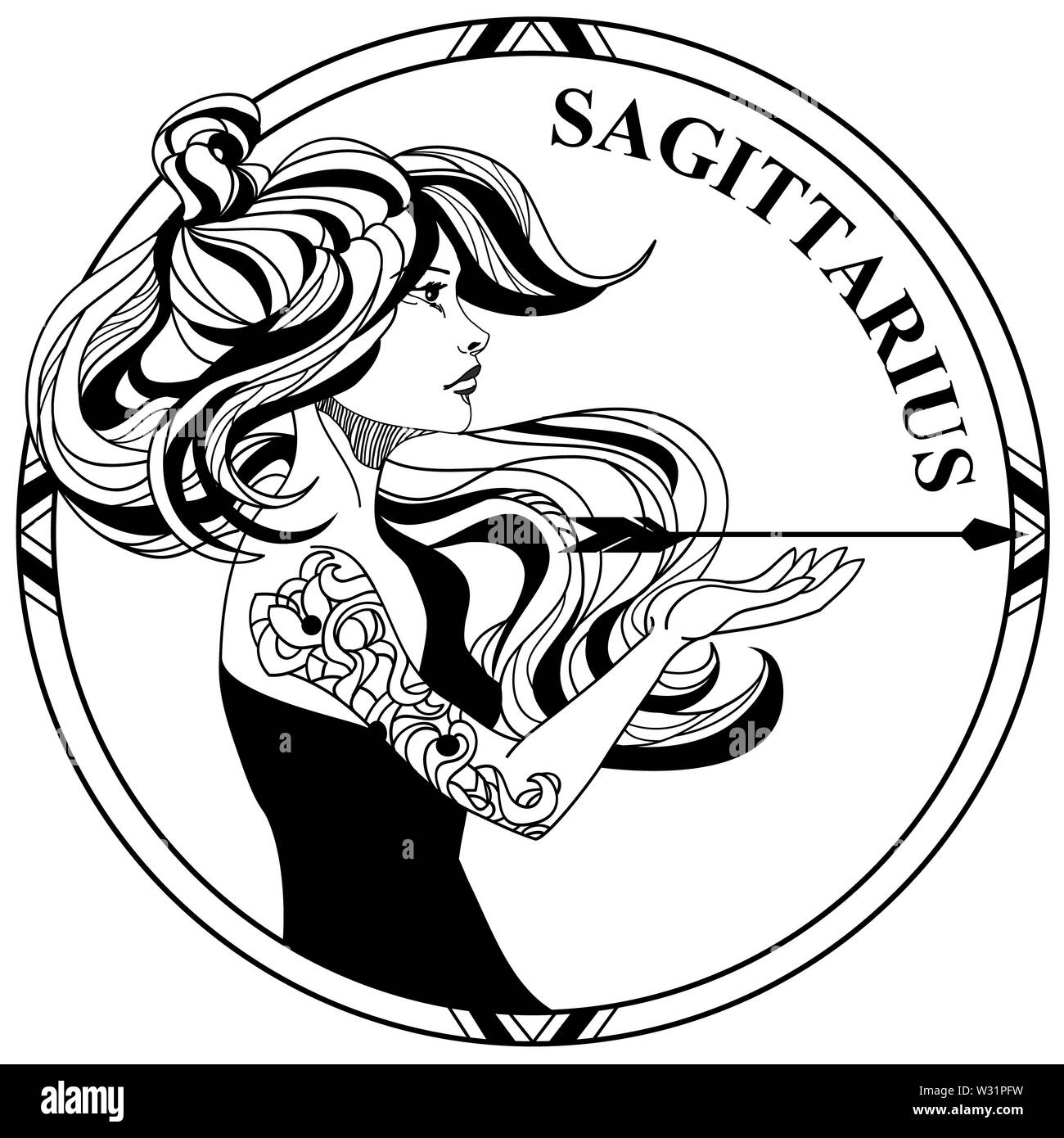 Vector illustration of sign zodiac Sagittarius. Beautiful girl with long hair and arrow in round frame. Line art. Illustration for coloring. Stock Photo