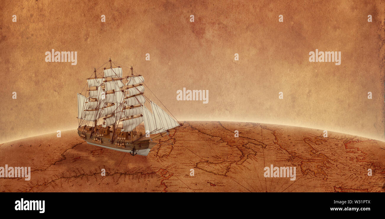 Sailing ship on old world map. Concept of a search for treasure and new discoveries. Copy space beside. Stock Photo