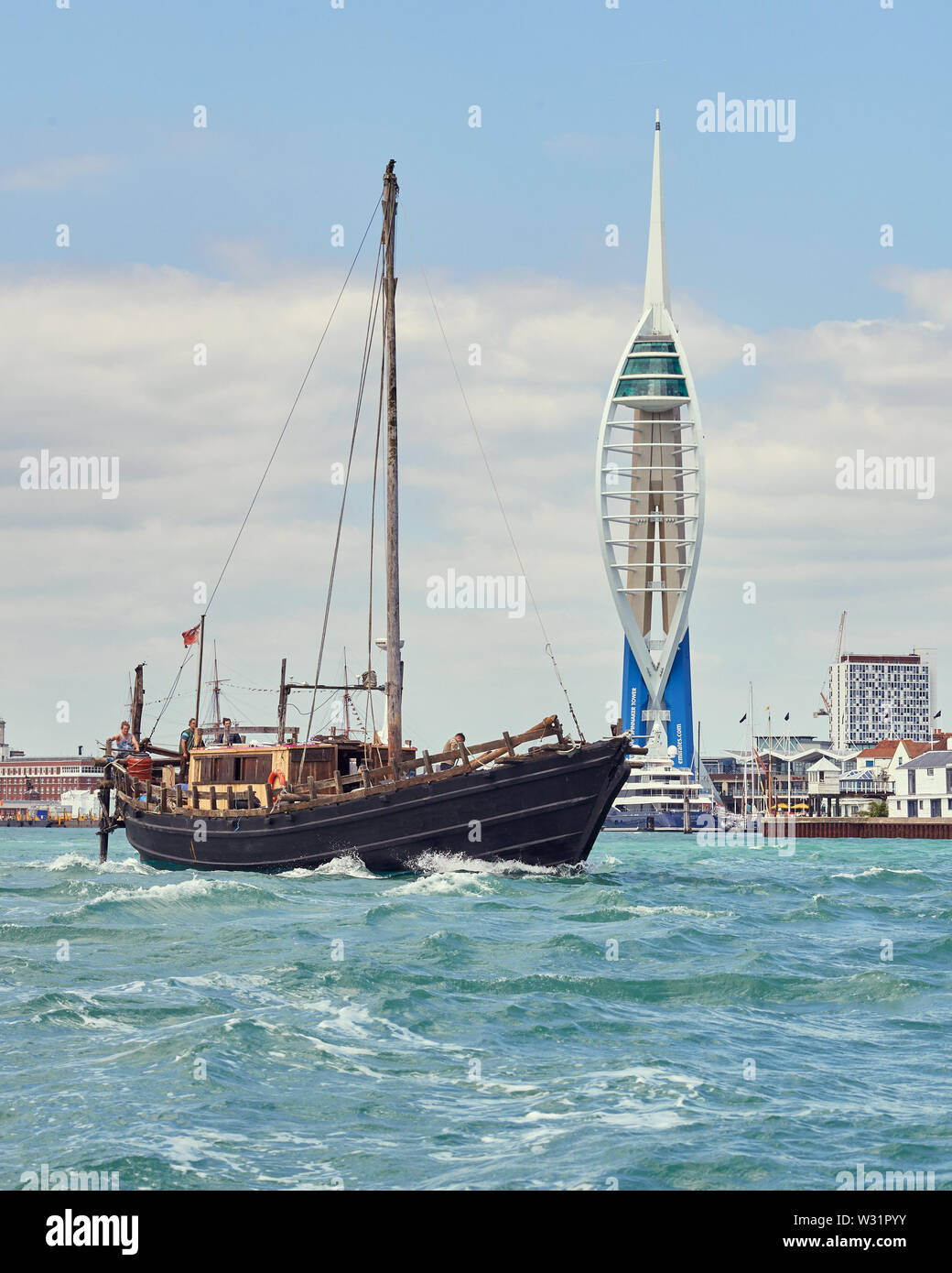 Phoenicia. A custom built 600BC Phoenician ship replica.  Leaving her base in Portsmouth for an epic expedition from the Mediterranean to the Americas Stock Photo