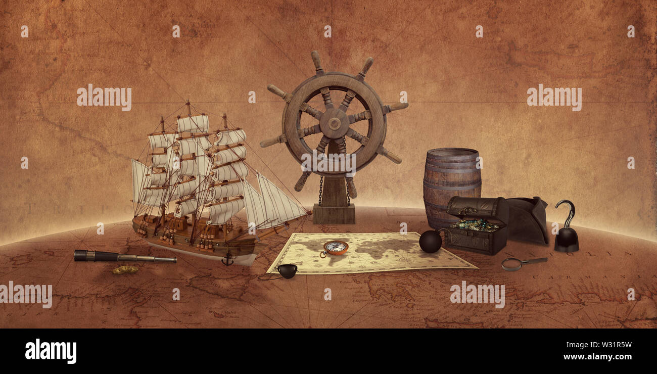 Pirate things concept on an old world map. Ship, map, compass, treasure chest, rudder, telescope. Stock Photo