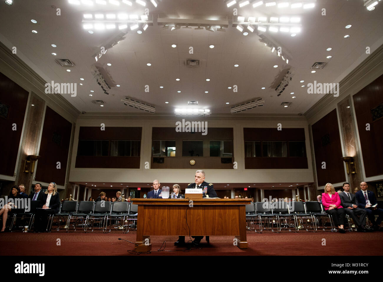(190711) -- WASHINGTON, July 11, 2019 (Xinhua) -- Gen. Mark Milley testifies before the Senate Arms Services Committee on his nomination to be chairman of the Joint Chiefs of Staff on Capitol Hill in Washington D.C., the United States, on July 11, 2019. (Xinhua/Ting Shen) Stock Photo