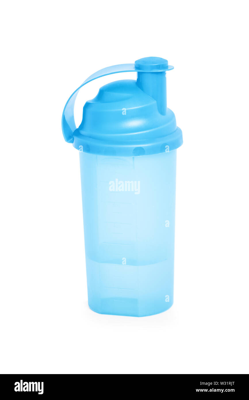 Blue protein shaker isolated on white background. Stock Photo