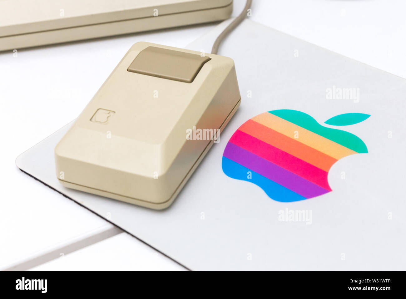 MOSCOW, RUSSIA - JUNE 11, 2018: Old original Apple Mac mouse in museum in Moscow Russia Stock Photo