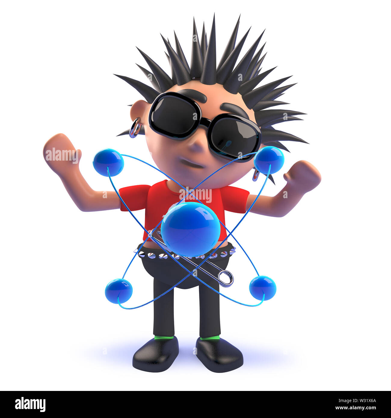 3d rendered image of a punk rocker cartoon character in 3d mesmerised by an  atom and its nucleus and electrons Stock Photo - Alamy