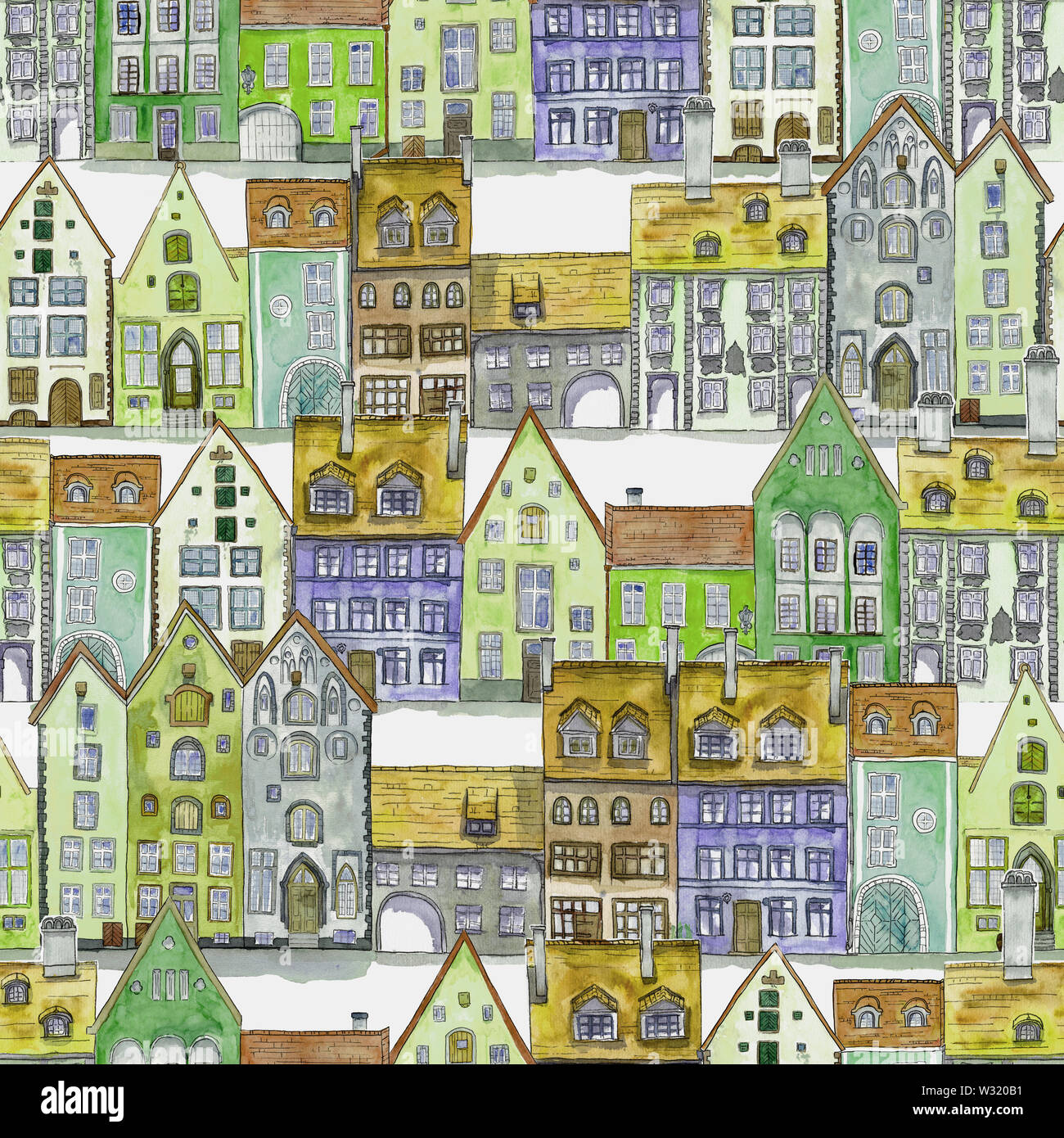 Seamless pattern of watercolor hand drawn old medieval houses, european old town street vew. Color illustration in cartoon style. Stock Photo