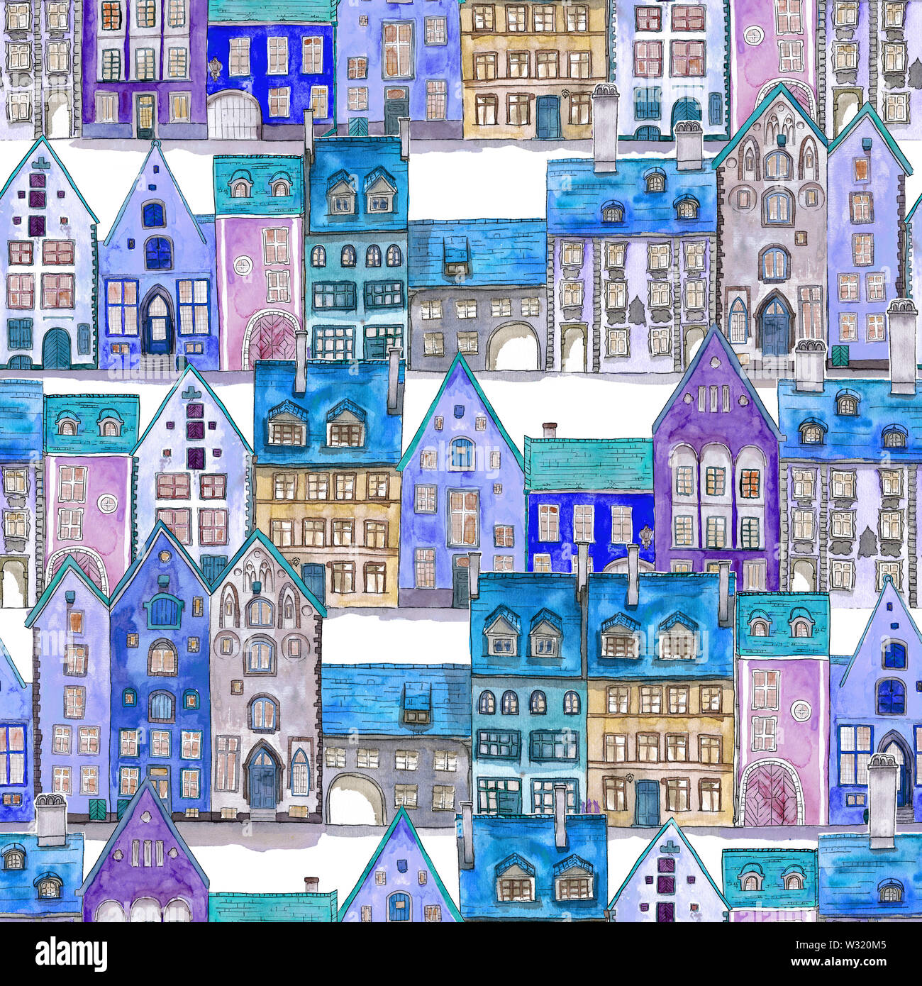 Seamless pattern of watercolor hand drawn old medieval houses, european old town street vew. Color illustration in cartoon style. Stock Photo