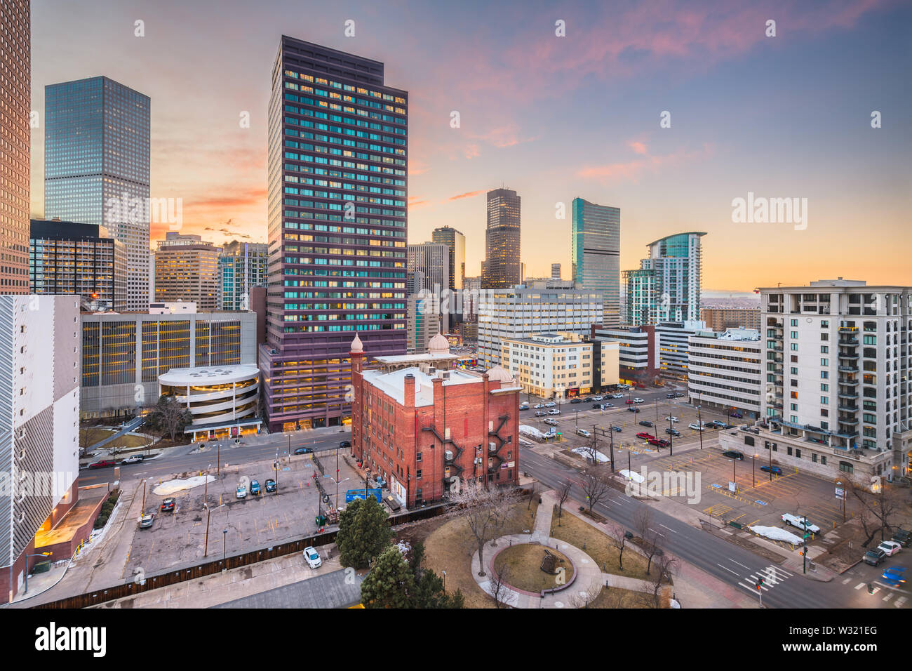 Denver, Colorado, USA downtown cityscape rooftop view at dusk Stock