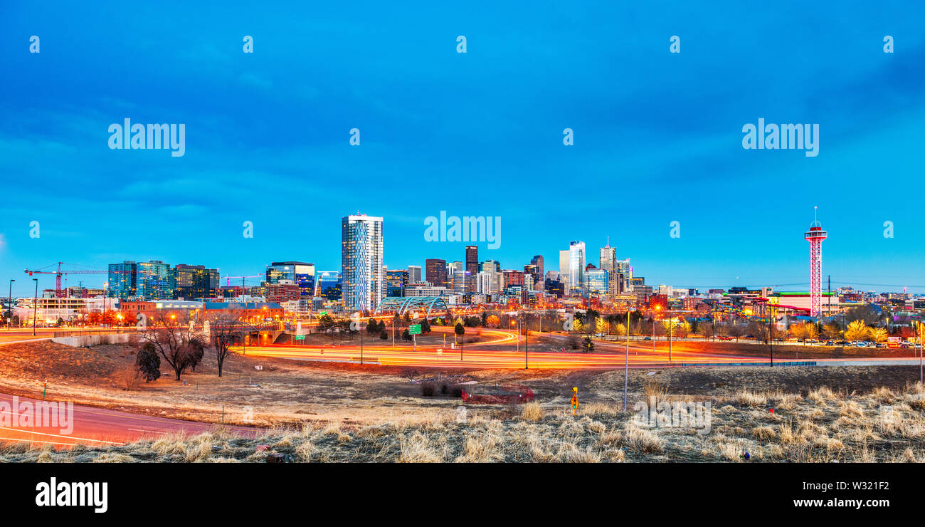 Denver, Colorado, USA downtown city skyline and highways at dawn. Stock Photo