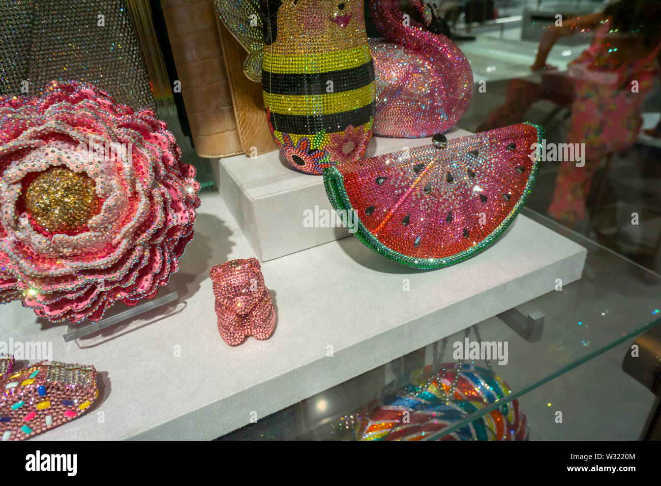Judith Leiber brand designer handbags in the luxury goods retailer Neiman Marcus department store in the Hudson Yards mall on the West Side of Manhattan on Sunday, July 7, 2019.   (© Richard B. Levine) Stock Photo