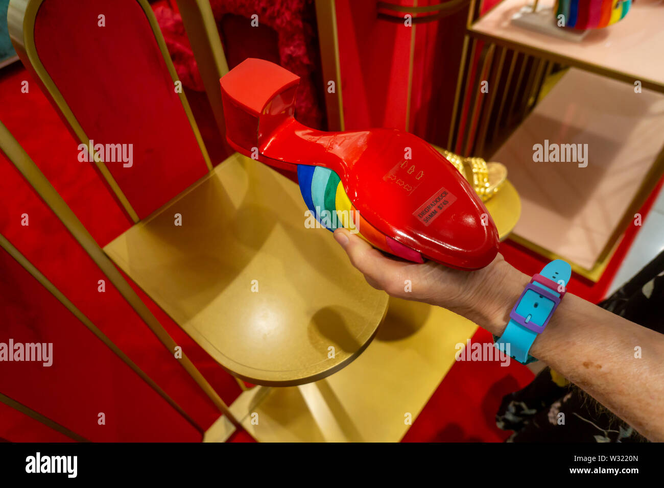Christian Louboutin brand footwear in luxury goods retailer Neiman Marcus department store in the Hudson Yards mall on the West Side of Manhattan on Sunday, July 7, 2019.   (© Richard B. Levine) Stock Photo