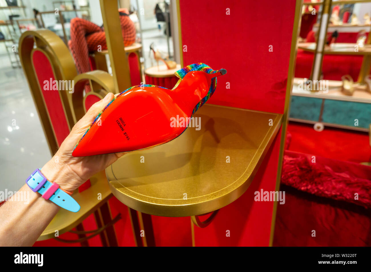 Christian Louboutin brand footwear in luxury goods retailer Neiman Marcus department store in the Hudson Yards mall on the West Side of Manhattan on Sunday, July 7, 2019.   (© Richard B. Levine) Stock Photo