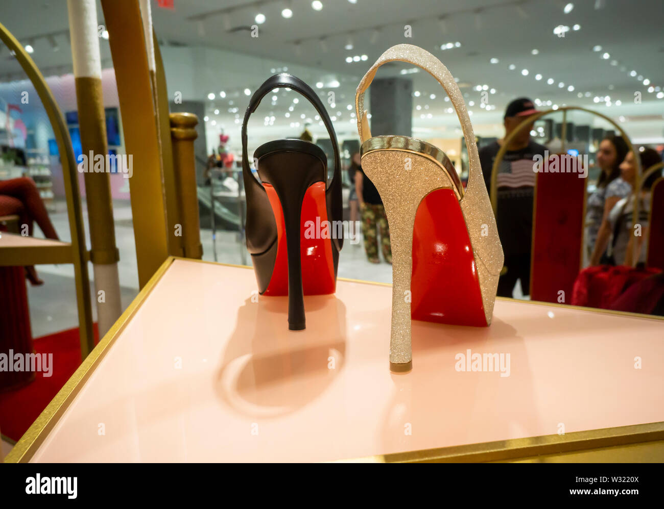Christian Louboutin brand footwear in luxury goods retailer Neiman Marcus department store in the Hudson Yards mall on West of on Sunday, July 7, 2019. (© Richard B. Levine