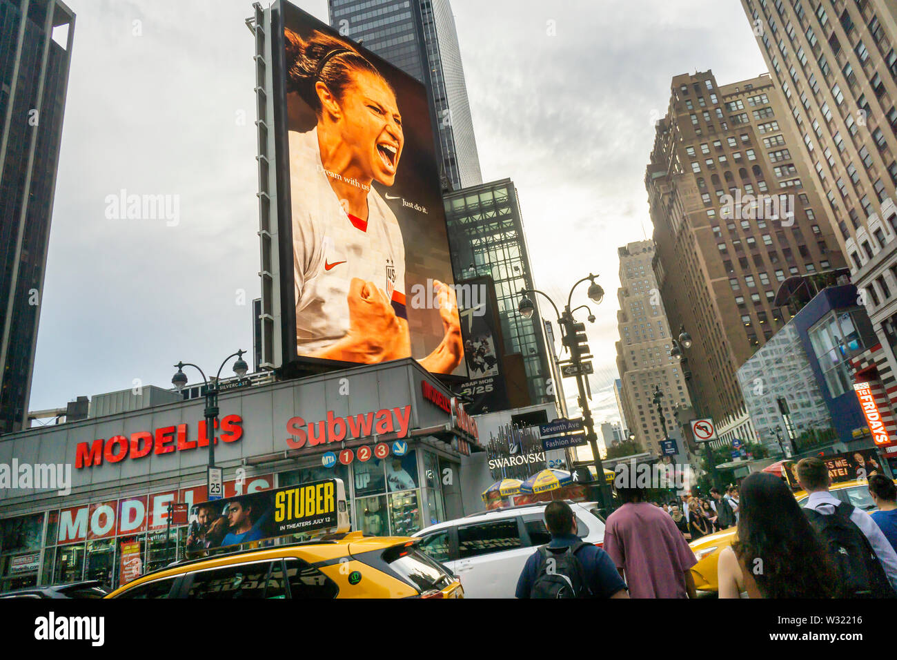 An electronic billboard for Nike products on Wednesday, July 3, 2019  features members of the USA WomenÕs Soccer Team, currently playing in the  World Cup. (© Richard B. Levine Stock Photo - Alamy