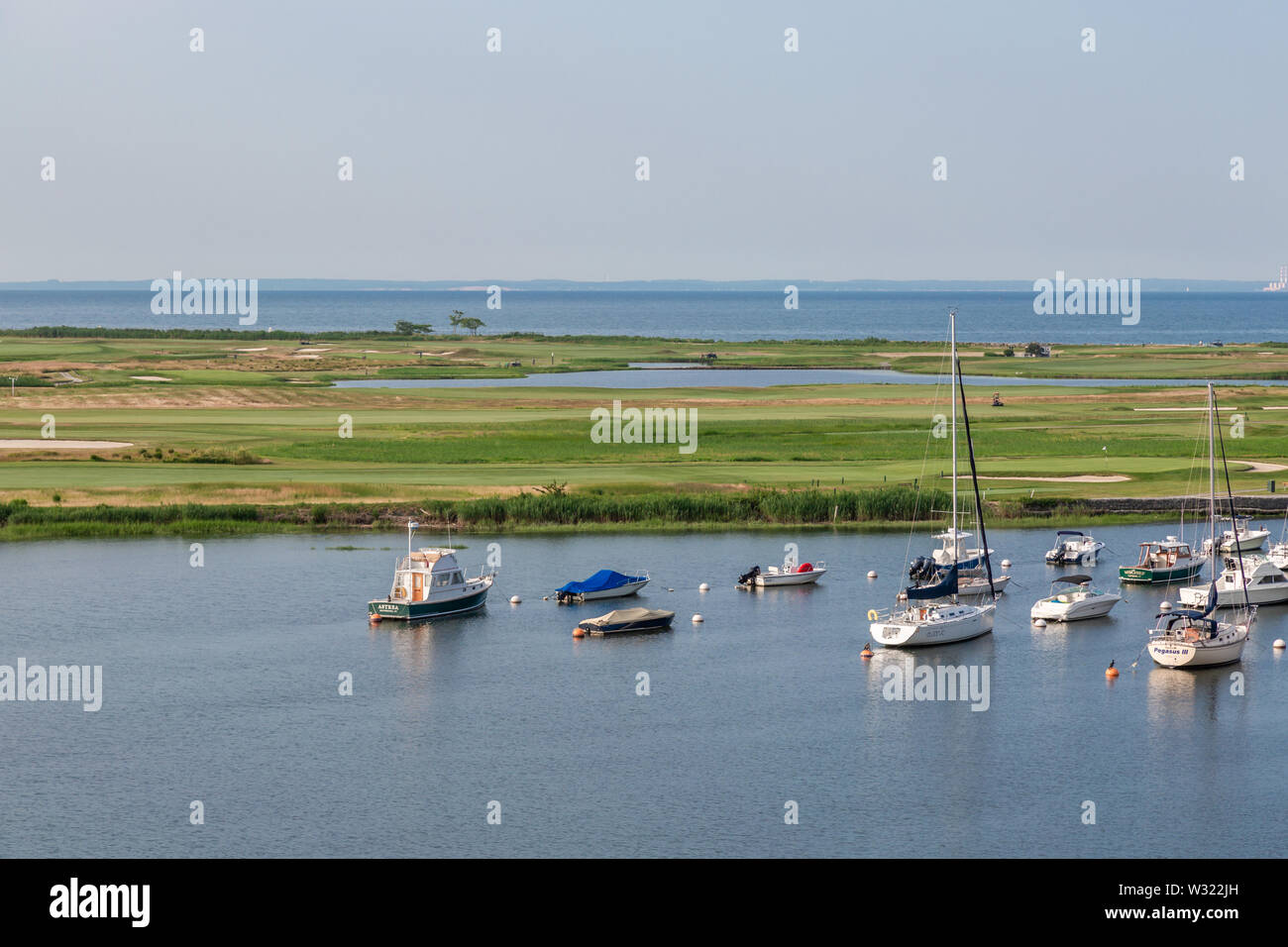boats on moorings in Southport, CT Stock Photo