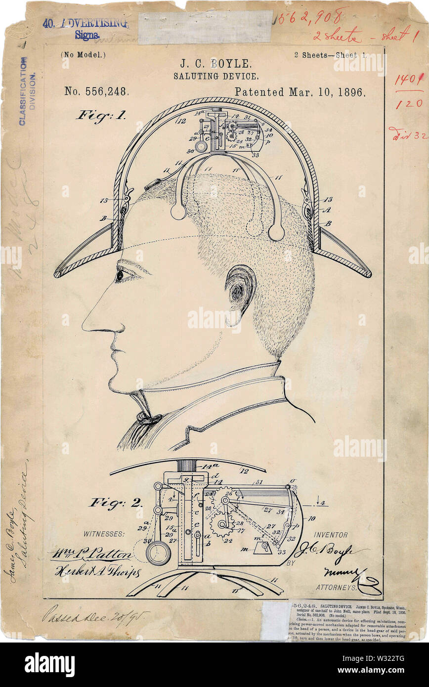 U.S. Patent 556,248 This invention relates to a novel device for automatically effecting polite salutations by the elevation and rotation of the hat on the head of the saluting party when said person bows to the person or persons saluted, the actuation of the hat being produced by mechanism therein and without the use of the hands in any manner. Stock Photo