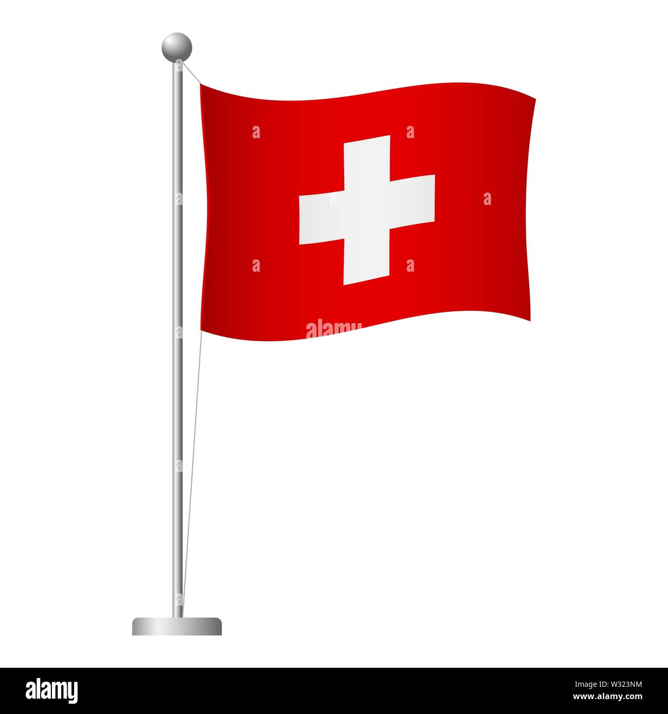 Switzerland flag on pole. Metal flagpole. National flag of Switzerland
