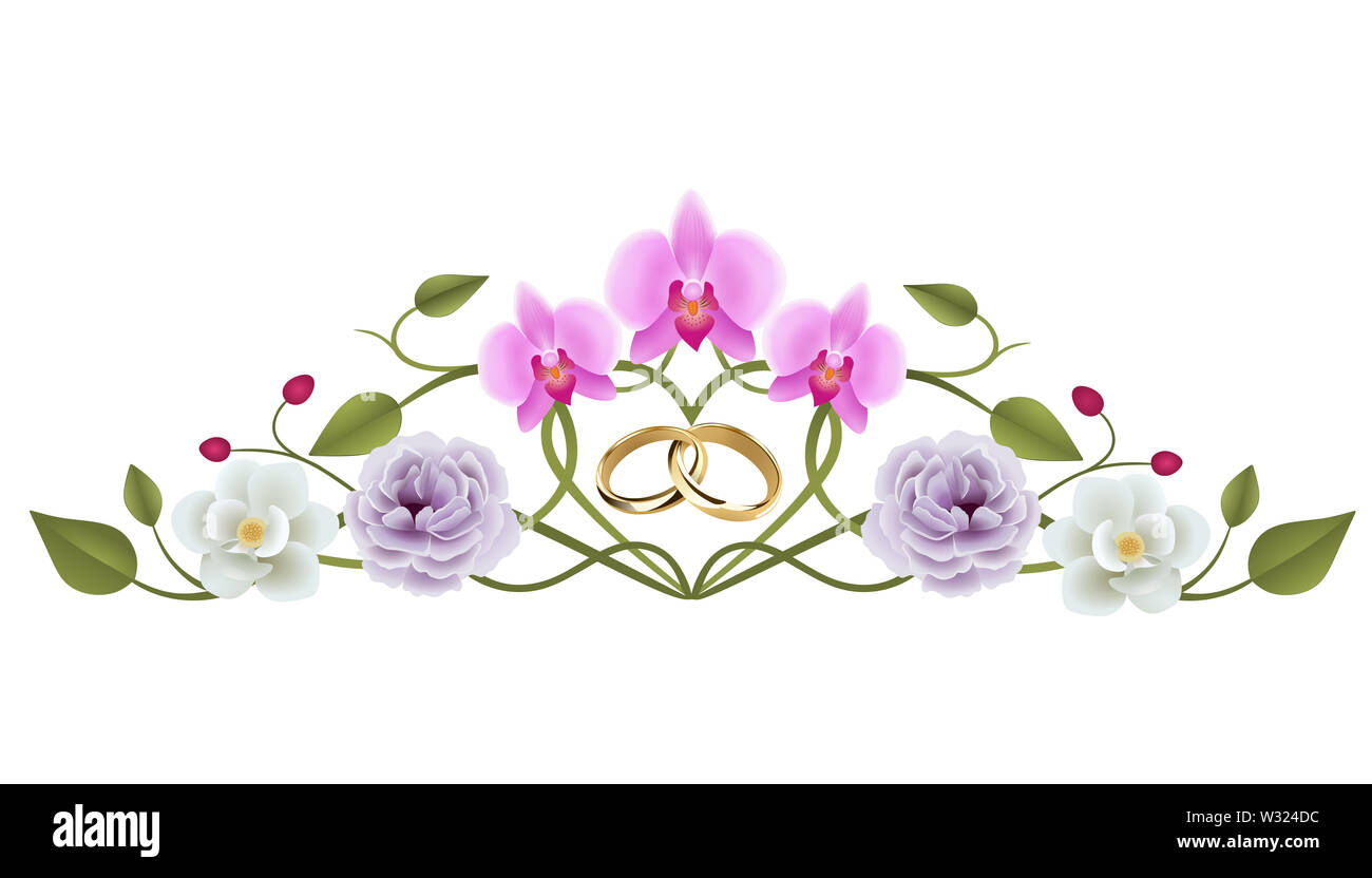 floral wedding decoration with interwined wedding rings Stock Photo