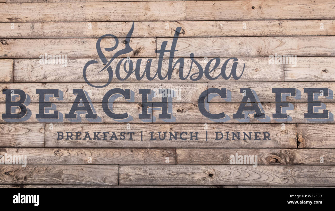 Southsea beach cafe sign on a wooden background Stock Photo
