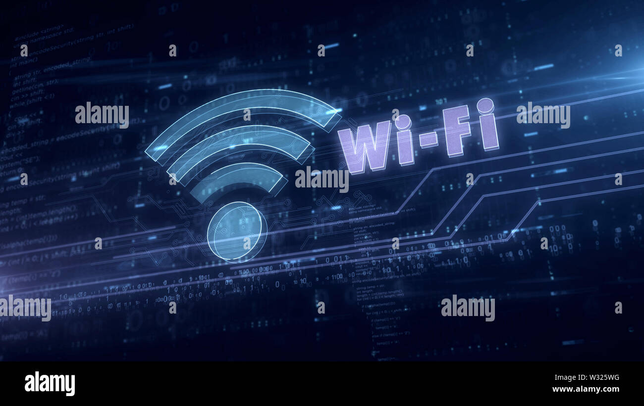 Wifi communication symbol blue hologram 3d illustration. Futuristic concept of internet access, free hot spot and public wireless net on digital backg Stock Photo