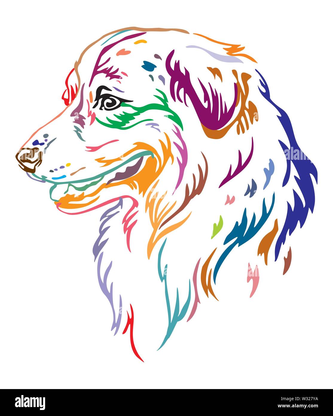 Colorful decorative outline portrait of Australian Shepherd Dog looking ...