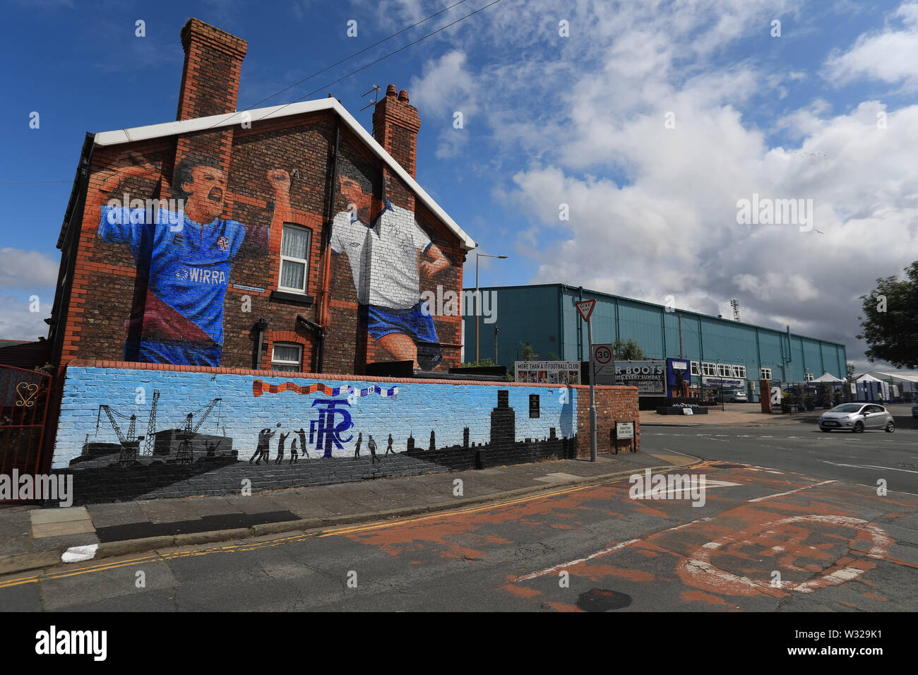 Birkenhead, UK. 11th July, 2019. A general view of a mural outside Prenton Park before the Pre-Season Friendly match between Tranmere Rovers and Liverpool at Prenton Park on July 11th 2019 in Birkenhead, England. (Photo by Tony Taylor/phcimages.com) Credit: PHC Images/Alamy Live News Stock Photo