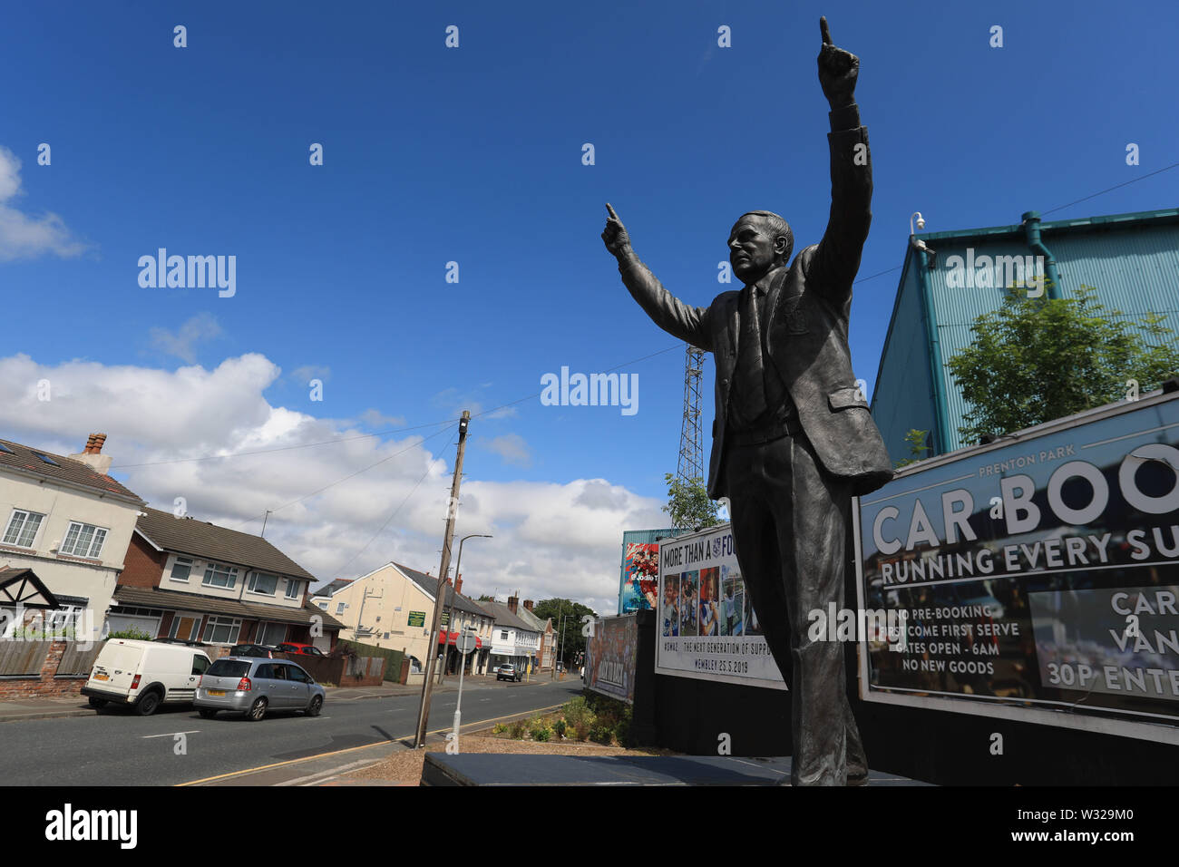 Birkenhead, UK. 11th July, 2019. A general view of the Johnny King statue outside Prenton Park before the Pre-Season Friendly match between Tranmere Rovers and Liverpool at Prenton Park on July 11th 2019 in Birkenhead, England. (Photo by Tony Taylor/phcimages.com) Credit: PHC Images/Alamy Live News Stock Photo