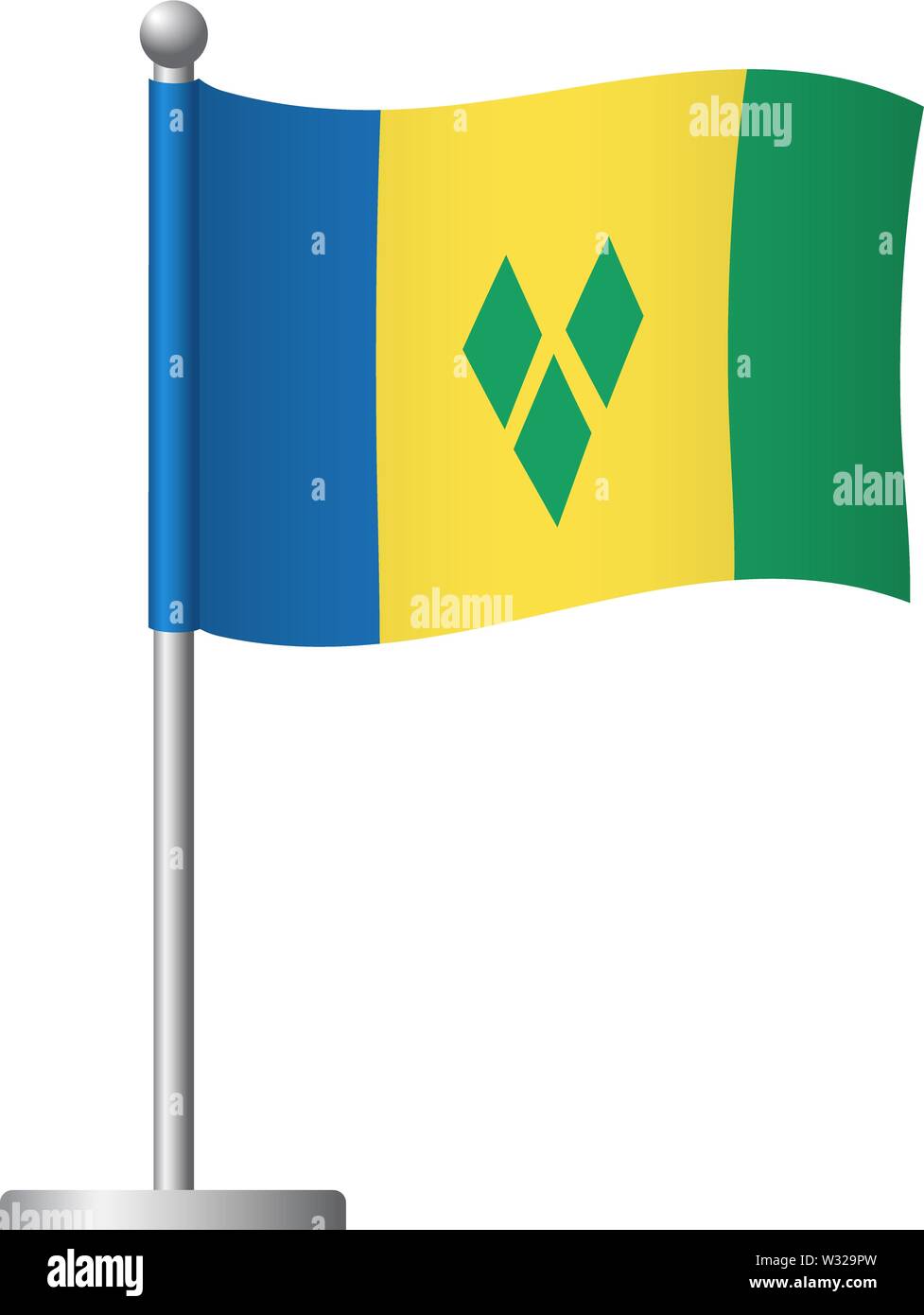 Saint Vincent and the Grenadines flag on pole. Metal flagpole. National ...