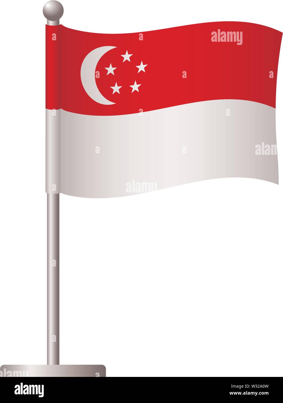 Singapore flag on pole. Metal flagpole. National flag of Singapore
