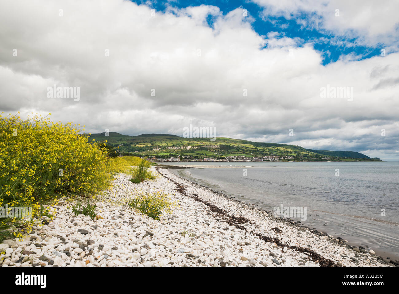 Shingle beach beside Carnlough Bay on the Coast Road near Carnlough, County Antrim, Northern Ireland Stock Photo