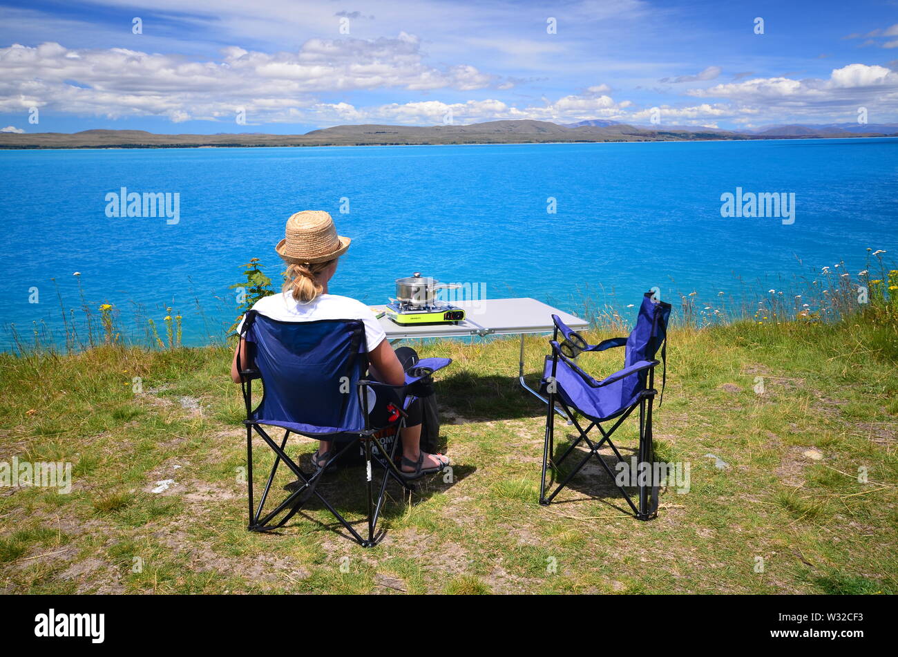 camping on shore of lake tekapo, new zealand Stock Photo