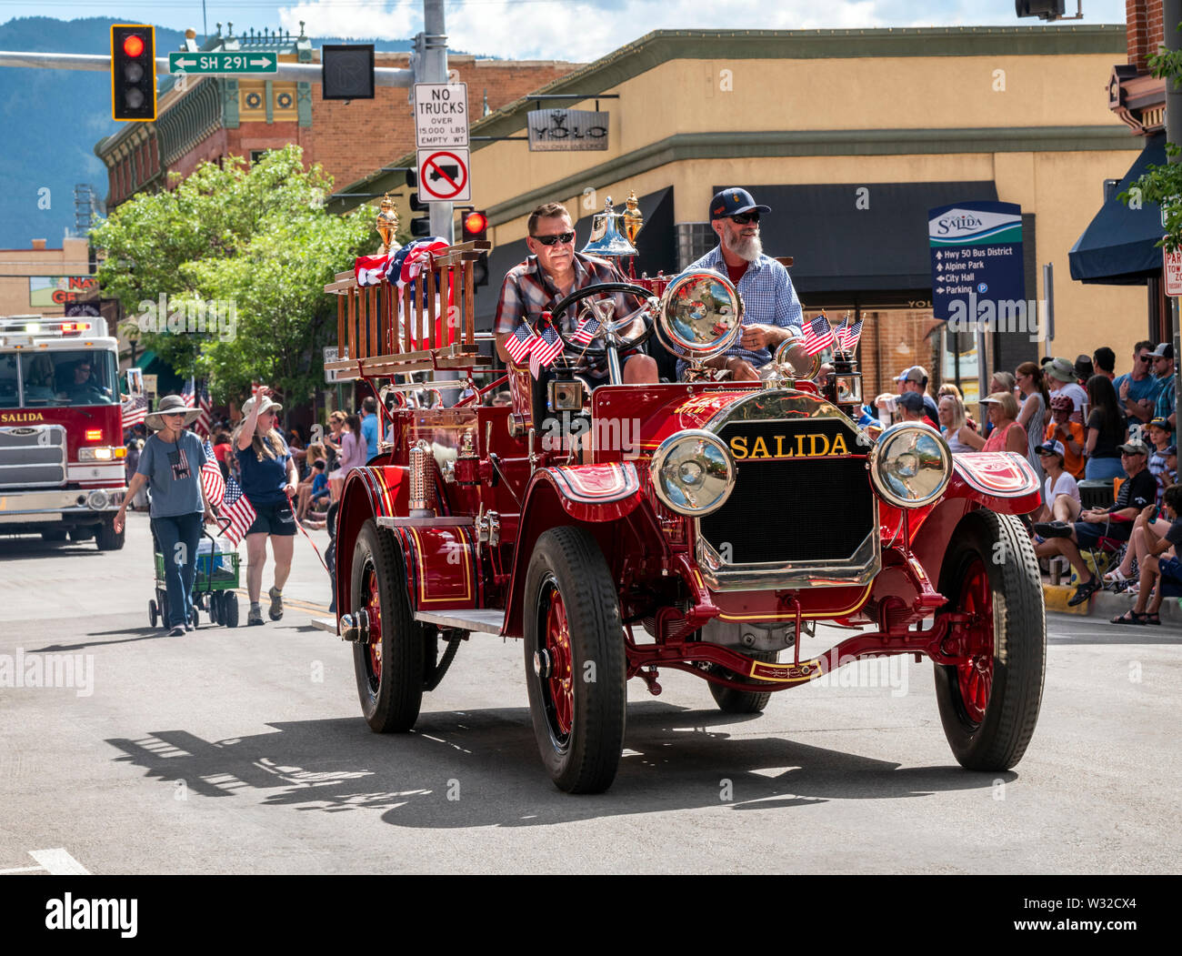 Antique restored 1911 Kissel fire truck; annual Fourth of July Parade in the small Colorado mountain town of Salida. Stock Photo