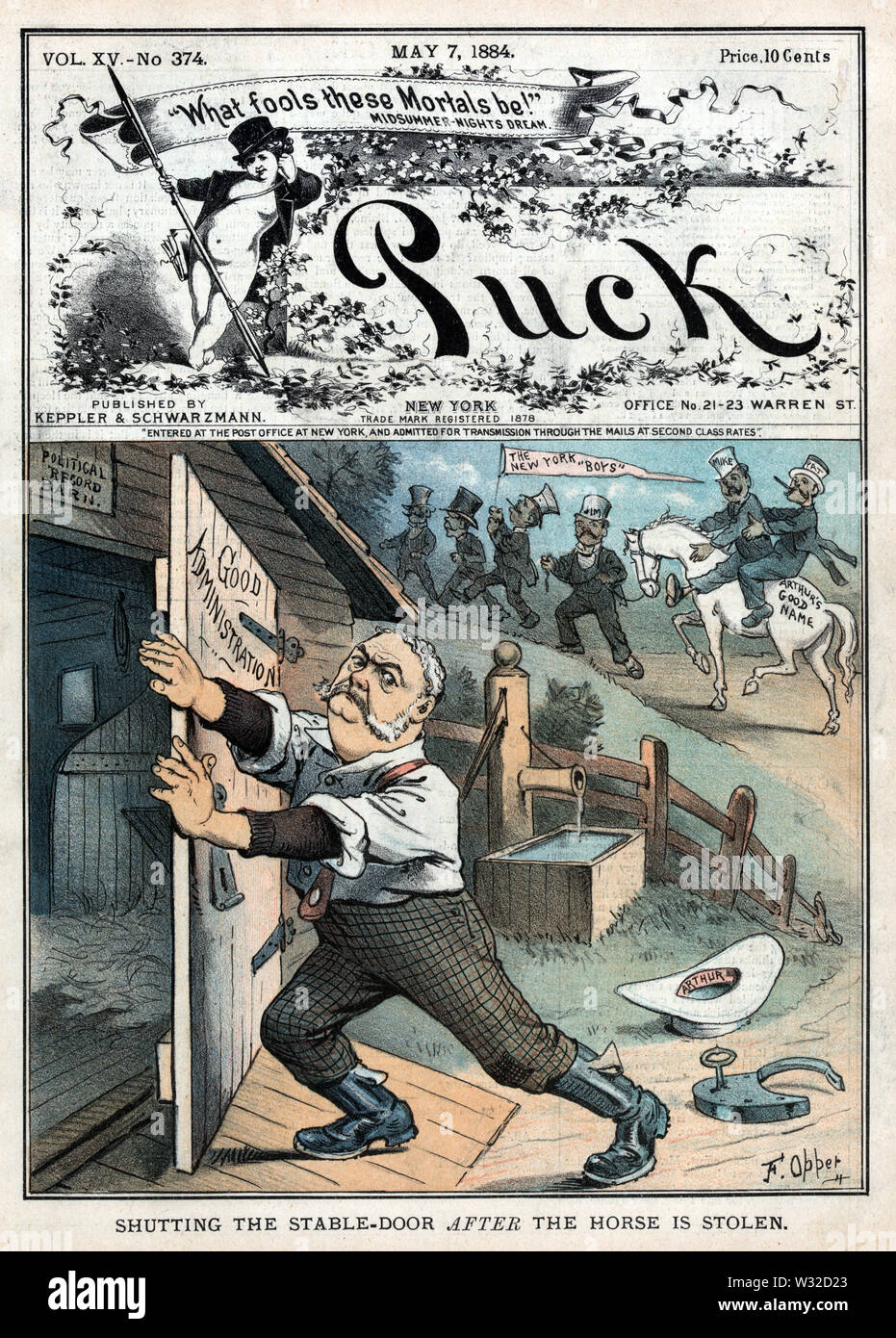 Shutting the Stable-Door after the Horse is Stolen", Political Cartoon  Featuring U.S. President Chester A. Arthur Closing a Door Labeled "Good  Administration" to a Stable Labeled "Political Record Barn", Puck Magazine,  Artwork