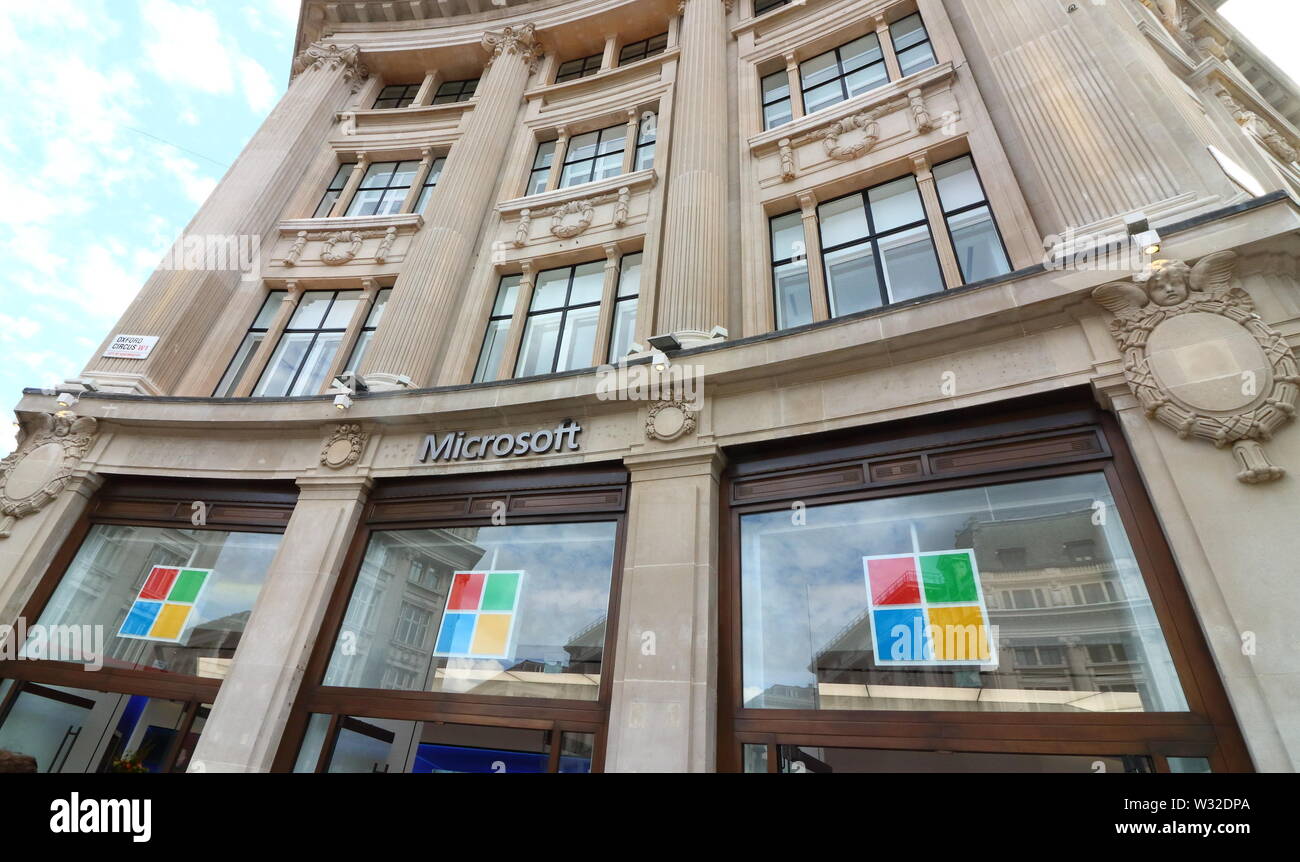 London, UK. 11th July, 2019. Microsoft logo at the New Microsoft flagship retail store, open at London's Oxford Circus. Credit: Keith Mayhew/SOPA Images/ZUMA Wire/Alamy Live News Stock Photo