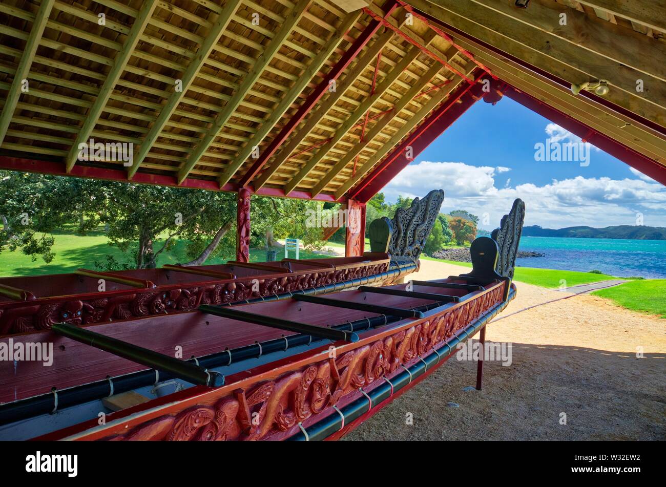 Traditional Maori War Canoe in Waitangi Stock Photo