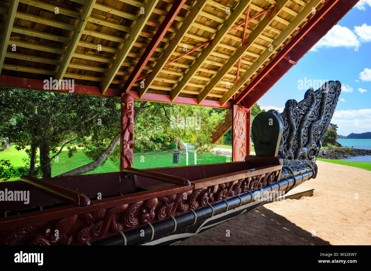 Traditional Maori War Canoe in Waitangi Stock Photo