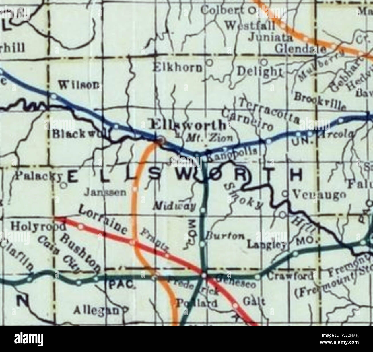 Stouffer's Railroad Map of Kansas 19151918 Ellsworth County Stock