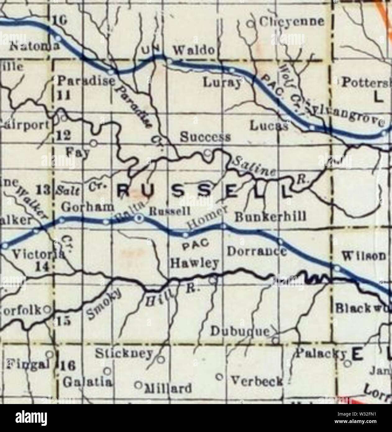 Stouffer's Railroad Map of Kansas 19151918 Russell County Stock Photo