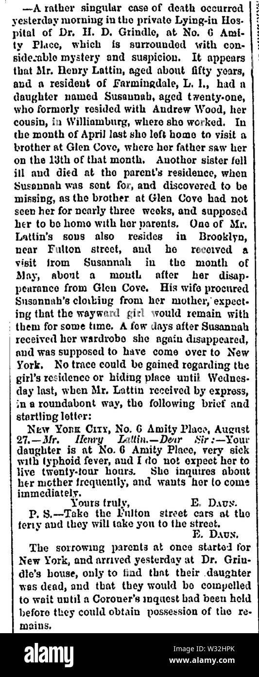 Susannah Lattin (1848–1868) in the Commercial Advertiser of New York City on August 29, 1868 Stock Photo