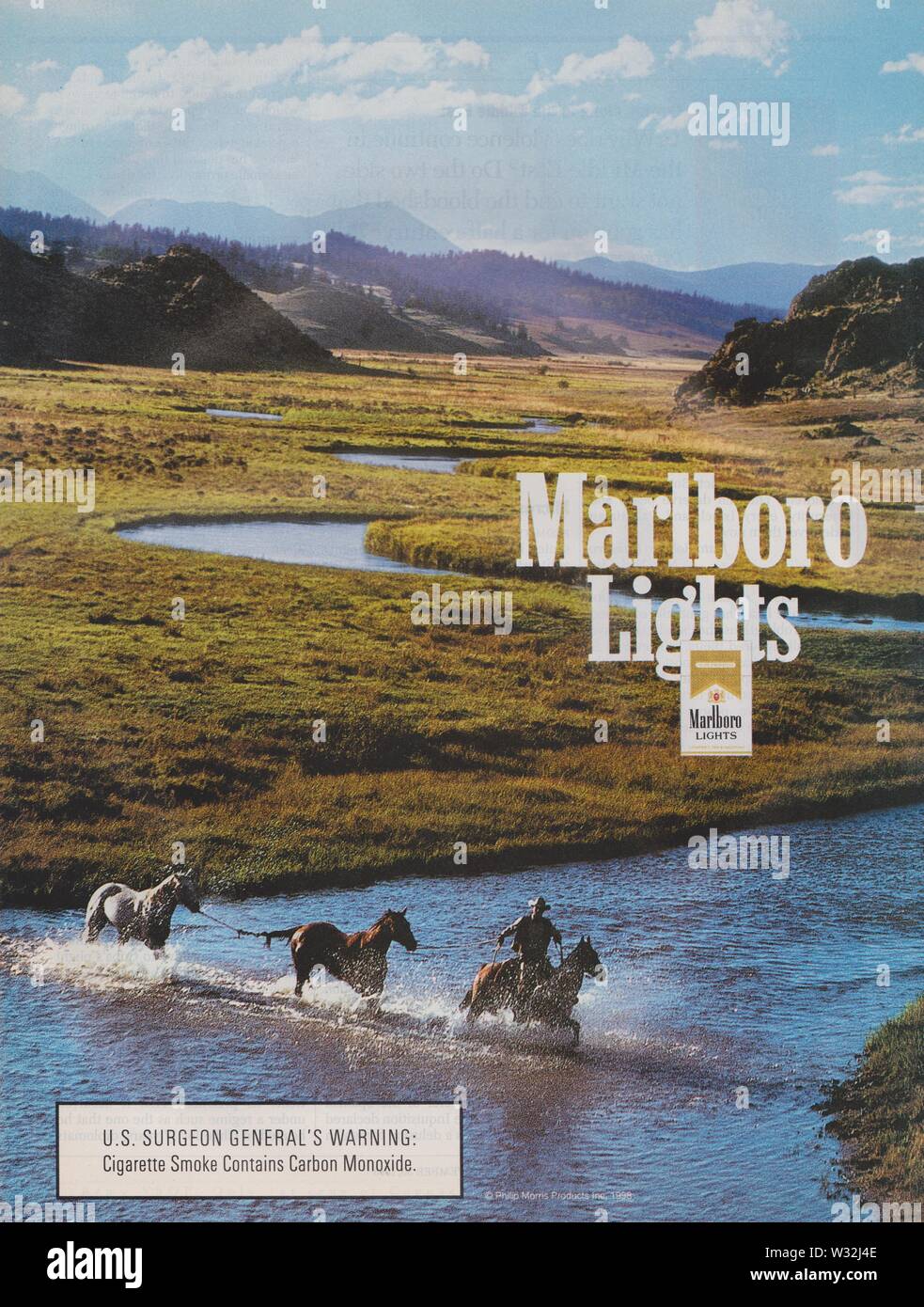 poster advertising Marlboro Lights cigarettes, in magazine from 1998 year, slogan, creative advert, advertisement Marlboro by Philip Morris from 1990s Stock Photo