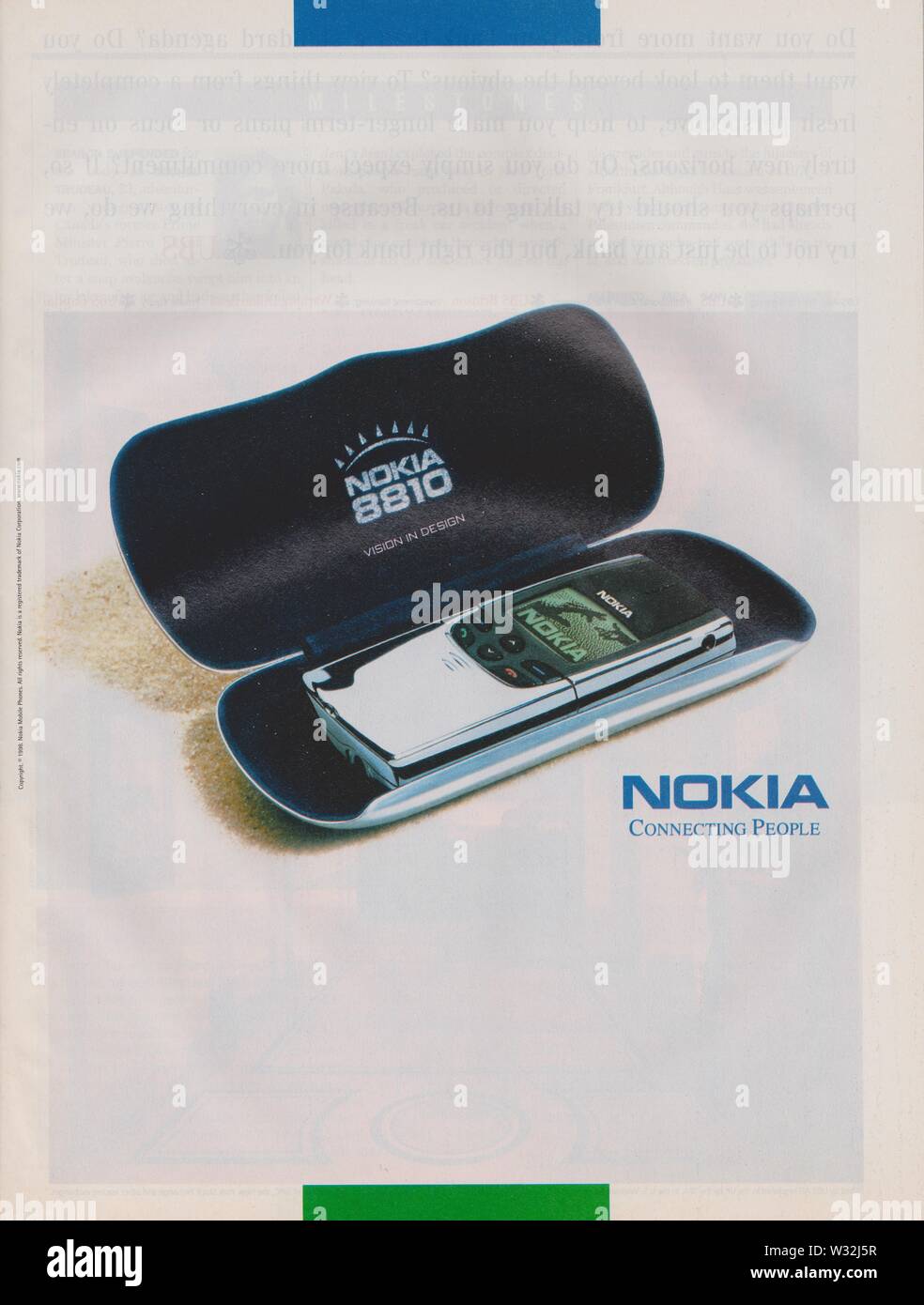 poster advertising Nokia 8810 phone in paper magazine from 1998 year, NOKIA Connecting People slogan, advertisement, creative advert Stock Photo