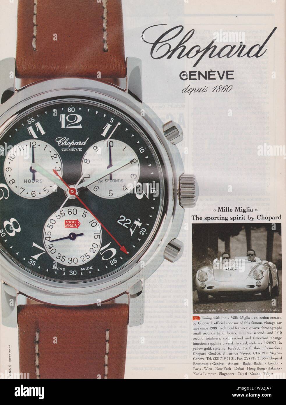 poster advertising Chopard Geneve watch, in magazine from 1997 year, Mille Miglia offical sponsor, slogan, advertisement, creative Chopard advert Stock Photo