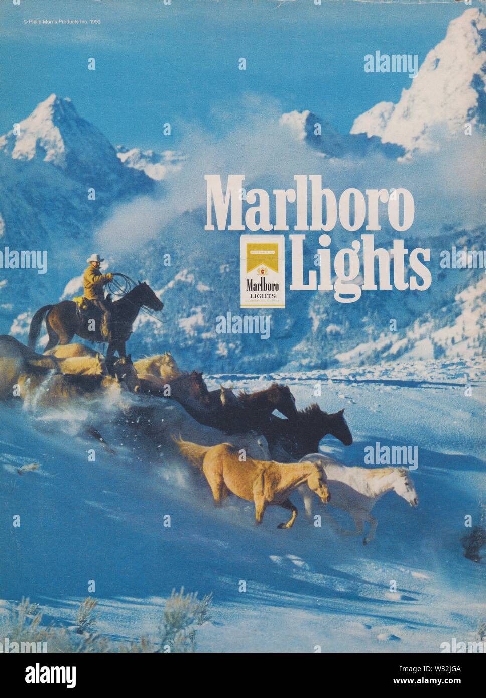 poster advertising Marlboro Lights cigarettes, in magazine from 1993 year, slogan, creative advert, advertisement Marlboro by Philip Morris from 1990s Stock Photo