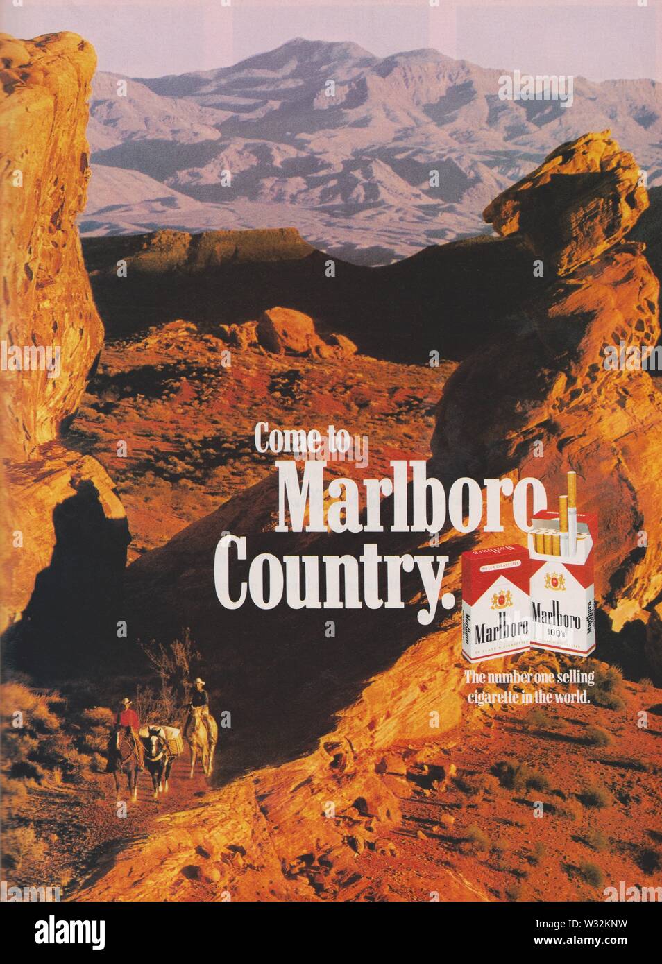 poster advertising Marlboro cigarettes, in magazine from 1990 year, slogan, creative advert, advertisement Marlboro by Philip Morris from 1990s Stock Photo