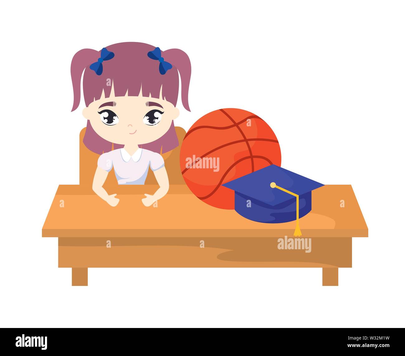 student girl sitting in school desk with supplies education vector ...