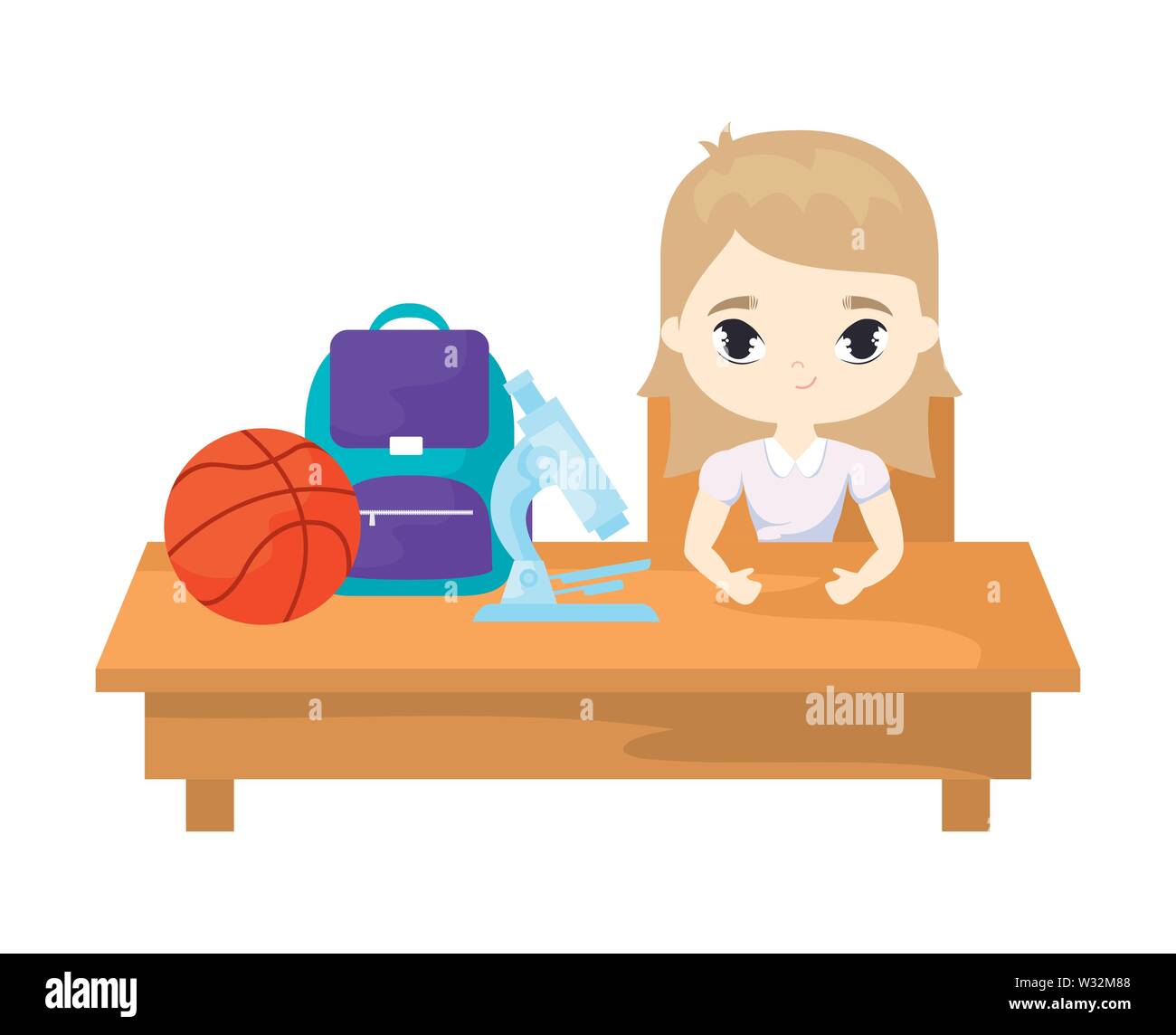 student girl sitting in school desk with supplies education vector ...
