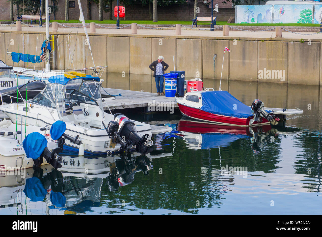 11 July 2019 Boats moored in the modern marina in Bangor County Down Northern Ireland on a balmy summer's evening Stock Photo