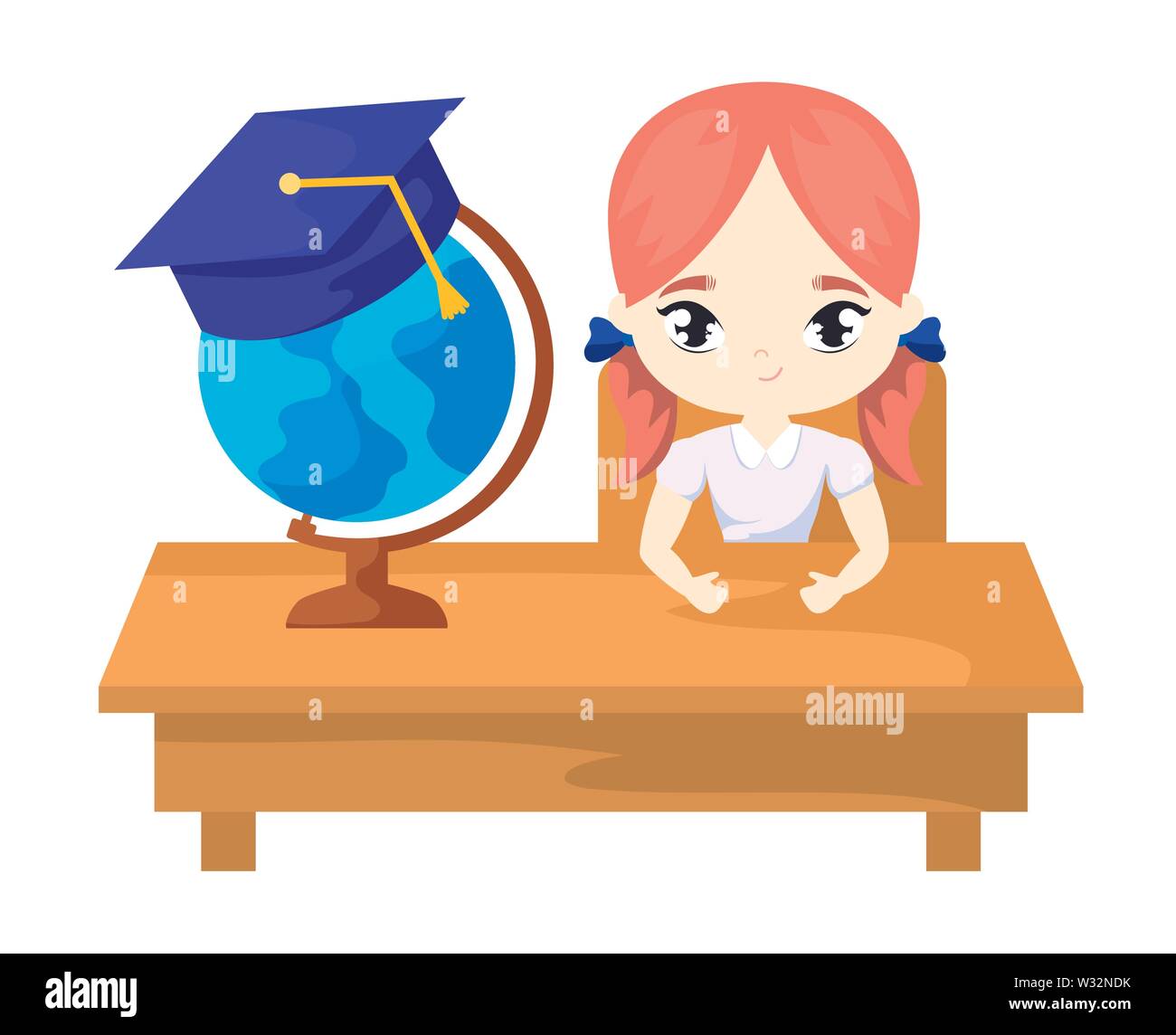 student girl sitting in school desk with supplies education vector ...