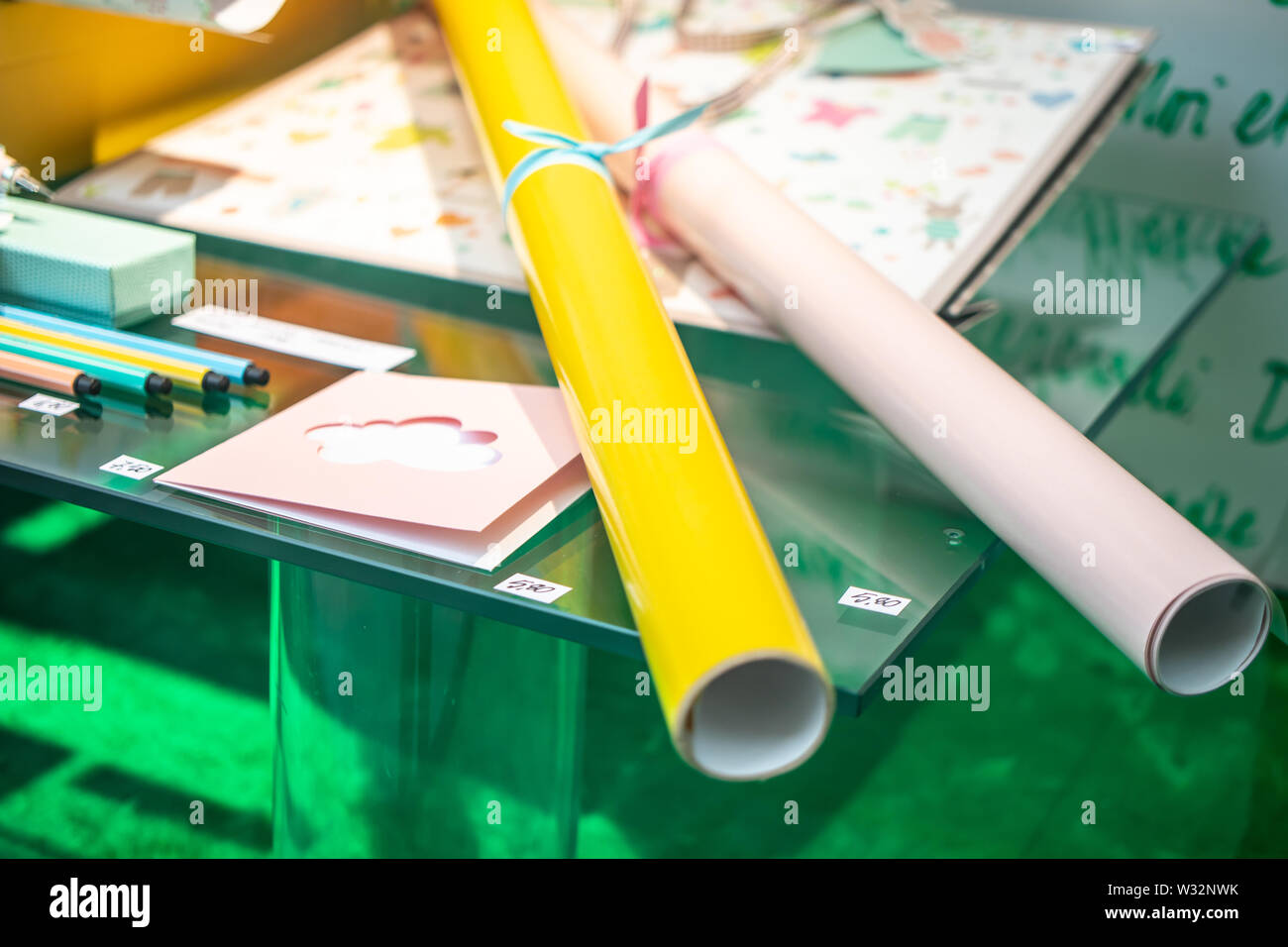 Geneva, Switzerland, Mar 2019 stylish stationery Papeterie Brachard store, office accessories, color paper, clips, pencils, price on display for sale Stock Photo