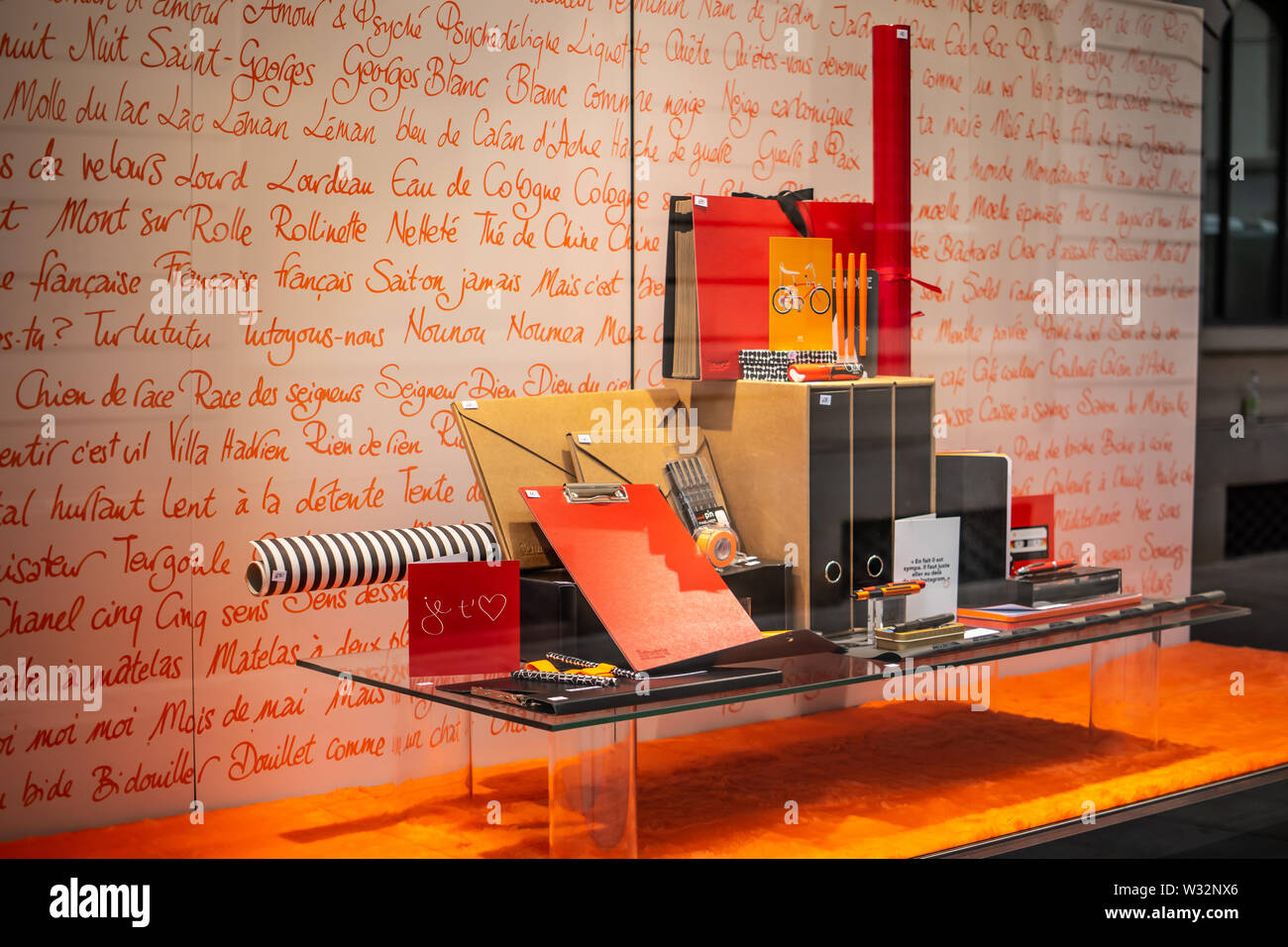 Geneva, Switzerland, Mar 2019 stylish stationery Papeterie Brachard store,  office accessories, color paper, clips, pencils, price on display for sale  Stock Photo - Alamy